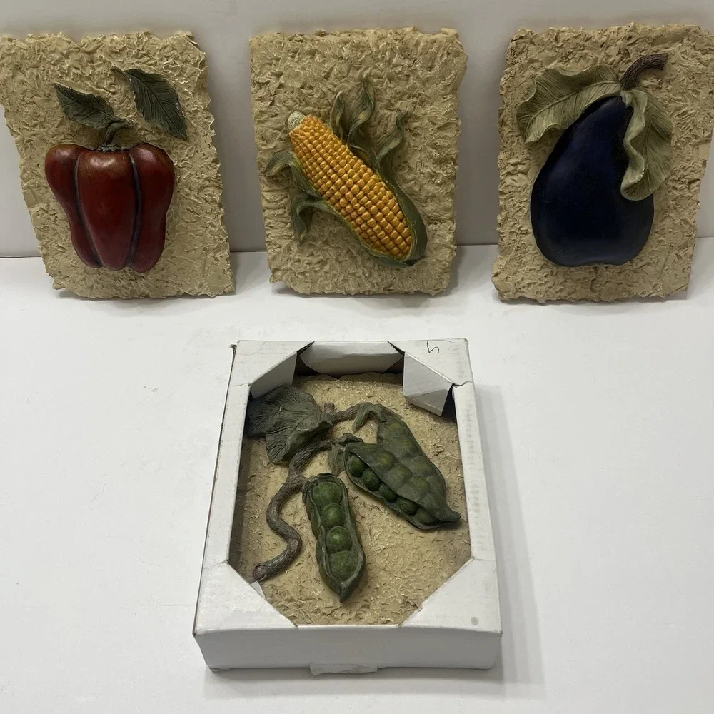 Serenity 3D Wall Art Handmade Vegetables Set Of 4 Peas Pepper Eggplant Corn 7.5